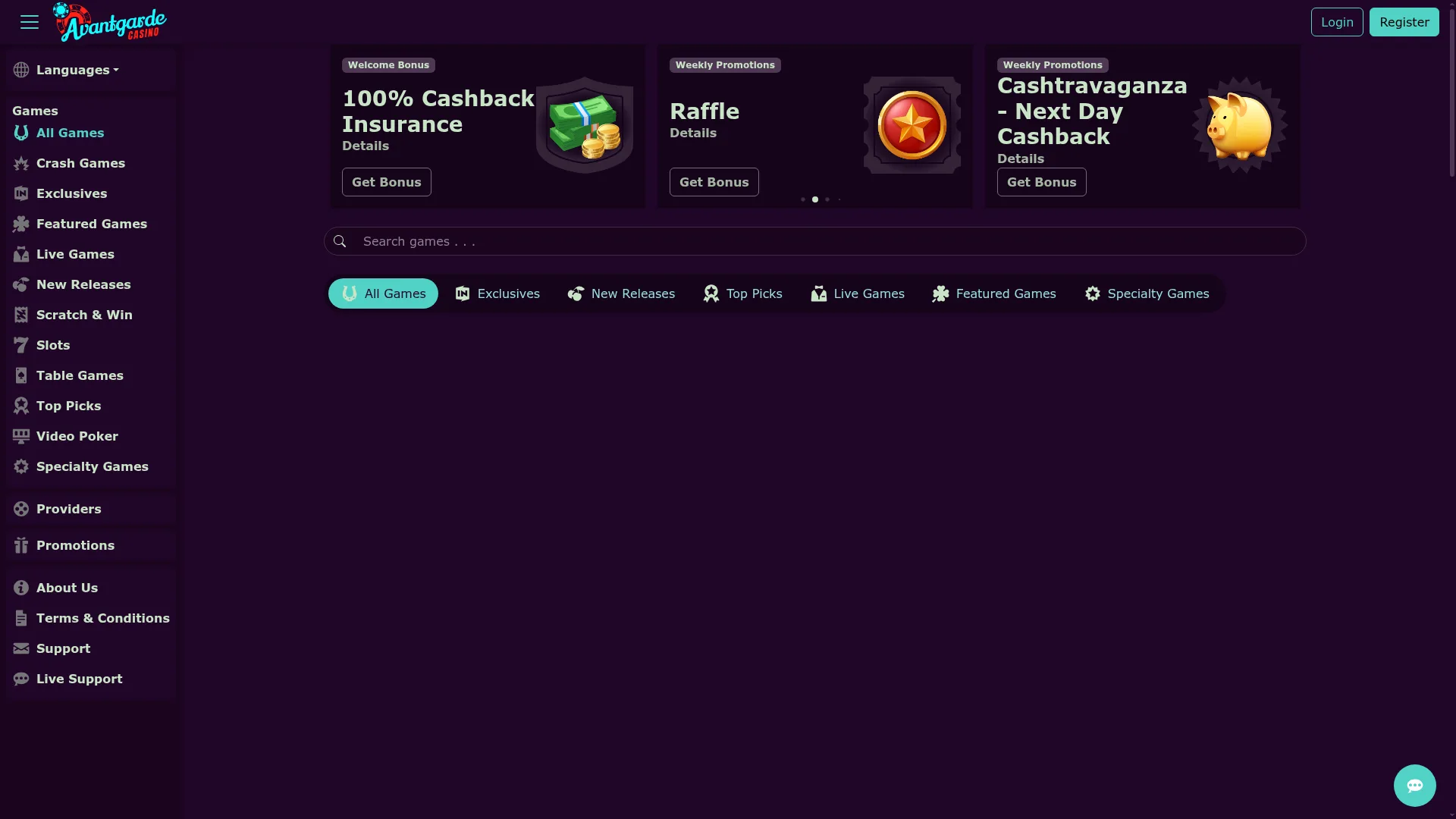 Advantage Casino desktop interface with casino account and promotional content